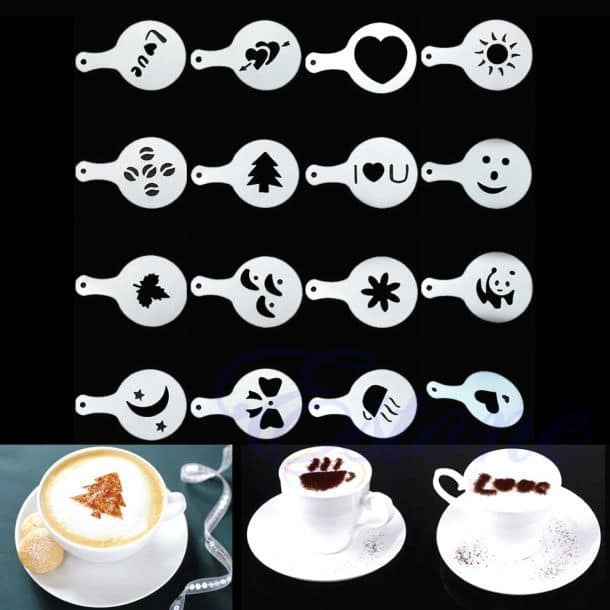 16Pcs Fashion Cappuccino Coffee Barista Stencils Template Strew Pad