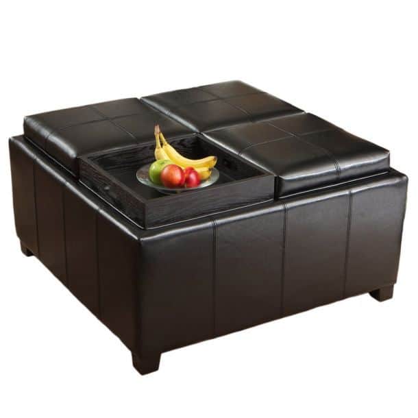 Leather Ottoman With 4 Tray Tops
