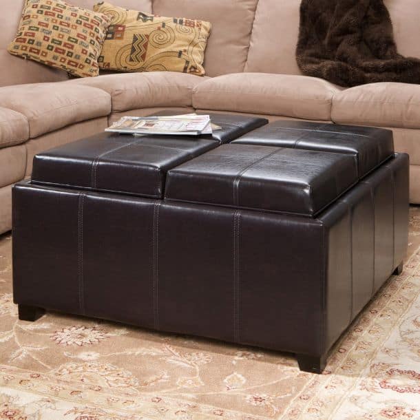 Leather Ottoman With 4 Tray Tops