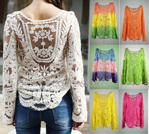 Women's Embroidery Floral Lace Crochet T-Shirt Top Blouse