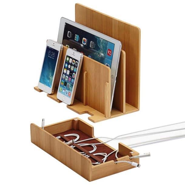 Bamboo Multi Device Charging Station and Cord Organizer