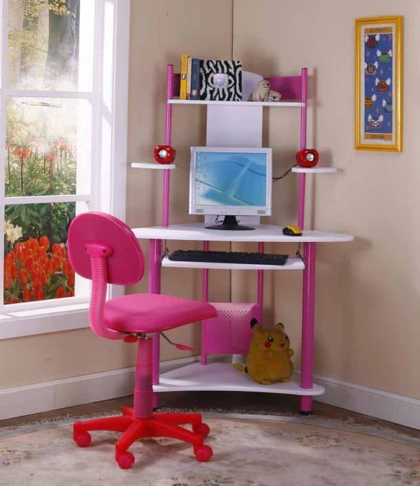 Kings Brand Pink Finish Corner Workstation Kids Children's Computer Desk